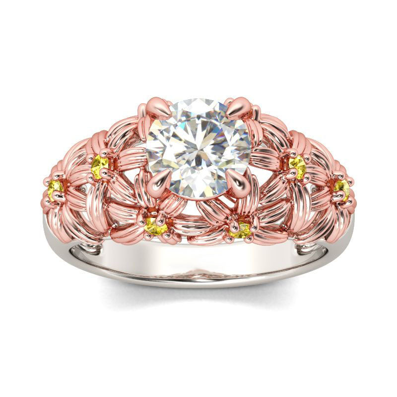 Two Tone Flower Round Cut Sterling Silver Ring-JE-Juri Elle