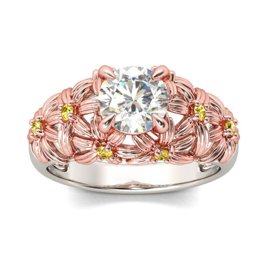 Two Tone Flower Round Cut Sterling Silver Ring-JE-Juri Elle
