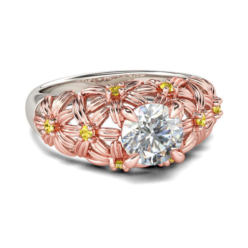 Two Tone Flower Round Cut Sterling Silver Ring-JE-Juri Elle