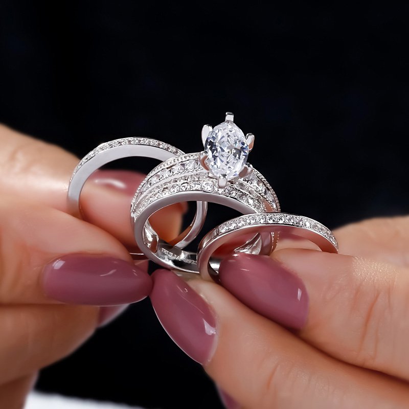 3PC Marquise Cut Sterling Silver Ring Set-JE-Juri Elle