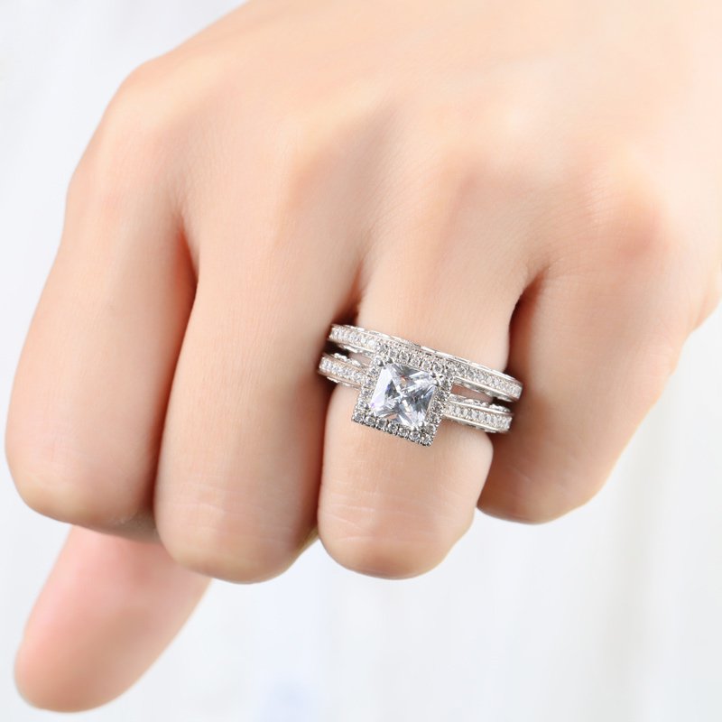 Halo Princess Cut Sterling Silver Ring Set-JE-Juri Elle