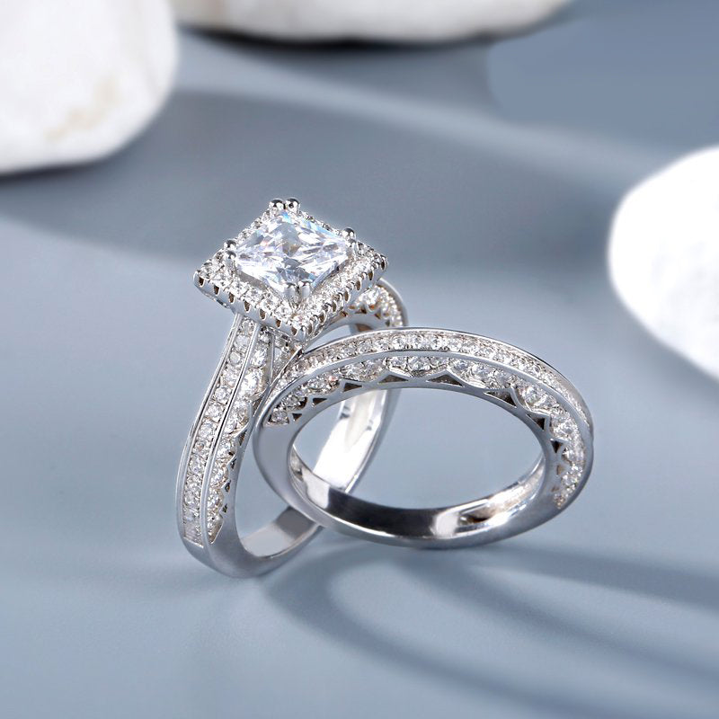 Halo Princess Cut Sterling Silver Ring Set-JE-Juri Elle