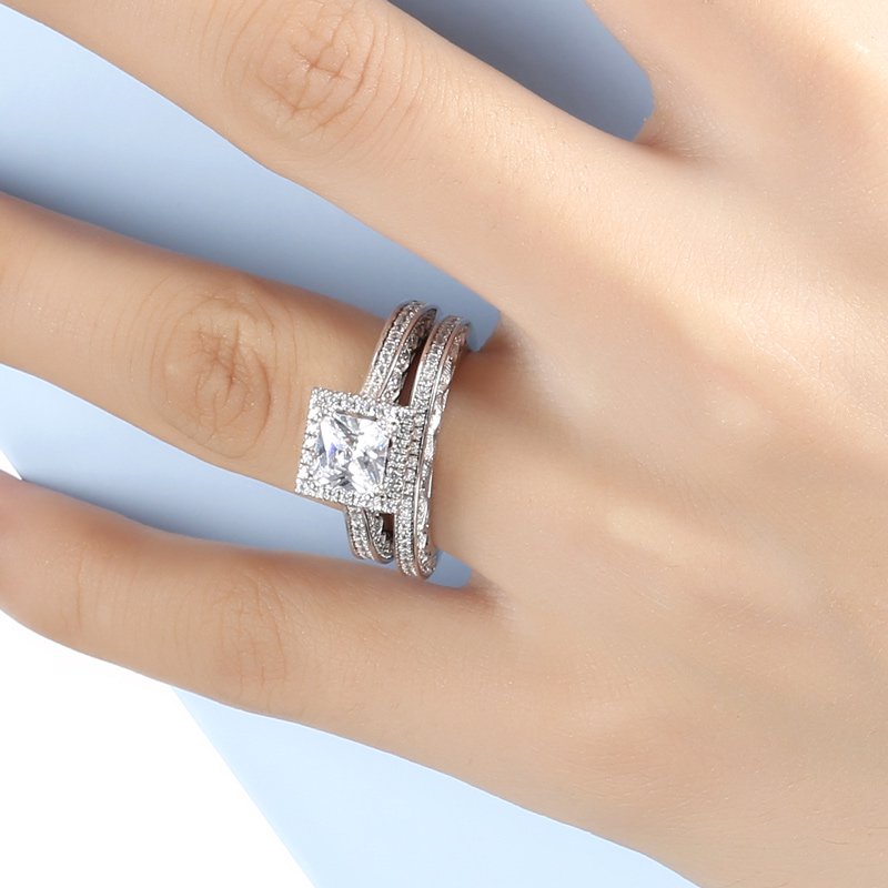 Halo Princess Cut Sterling Silver Ring Set-JE-Juri Elle