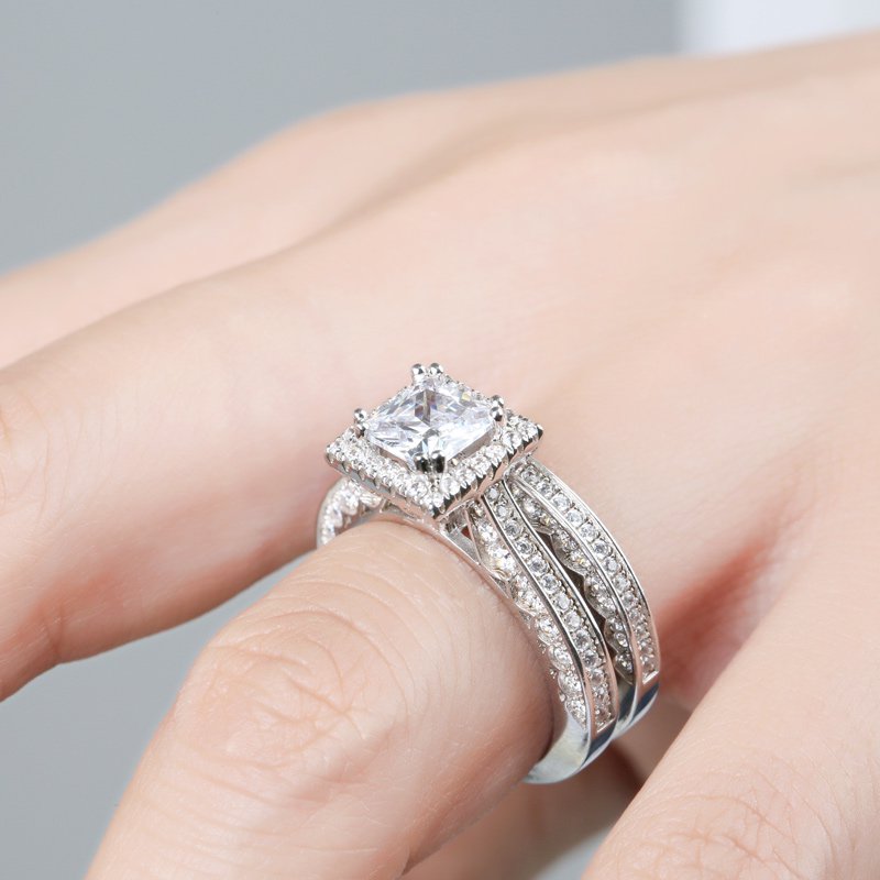 Halo Princess Cut Sterling Silver Ring Set-JE-Juri Elle
