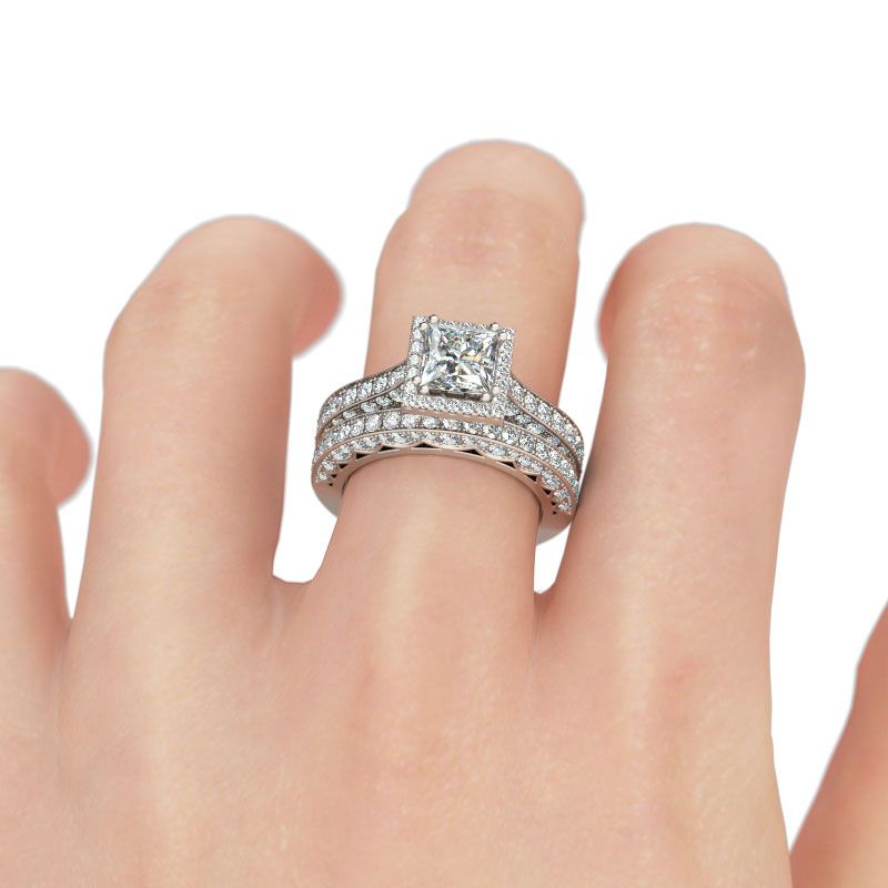 Halo Princess Cut Sterling Silver Ring Set-JE-Juri Elle