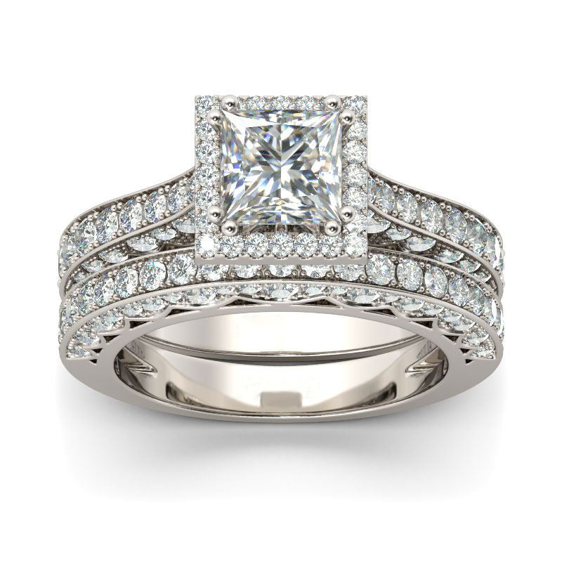 Halo Princess Cut Sterling Silver Ring Set-JE-Juri Elle