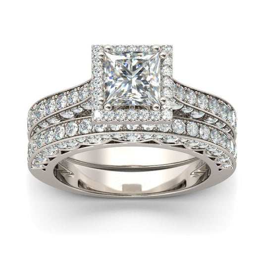 Halo Princess Cut Sterling Silver Ring Set-JE-Juri Elle