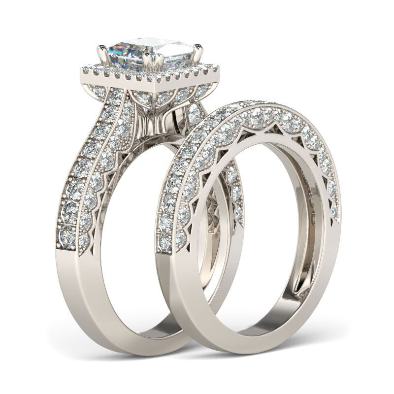 Halo Princess Cut Sterling Silver Ring Set-JE-Juri Elle