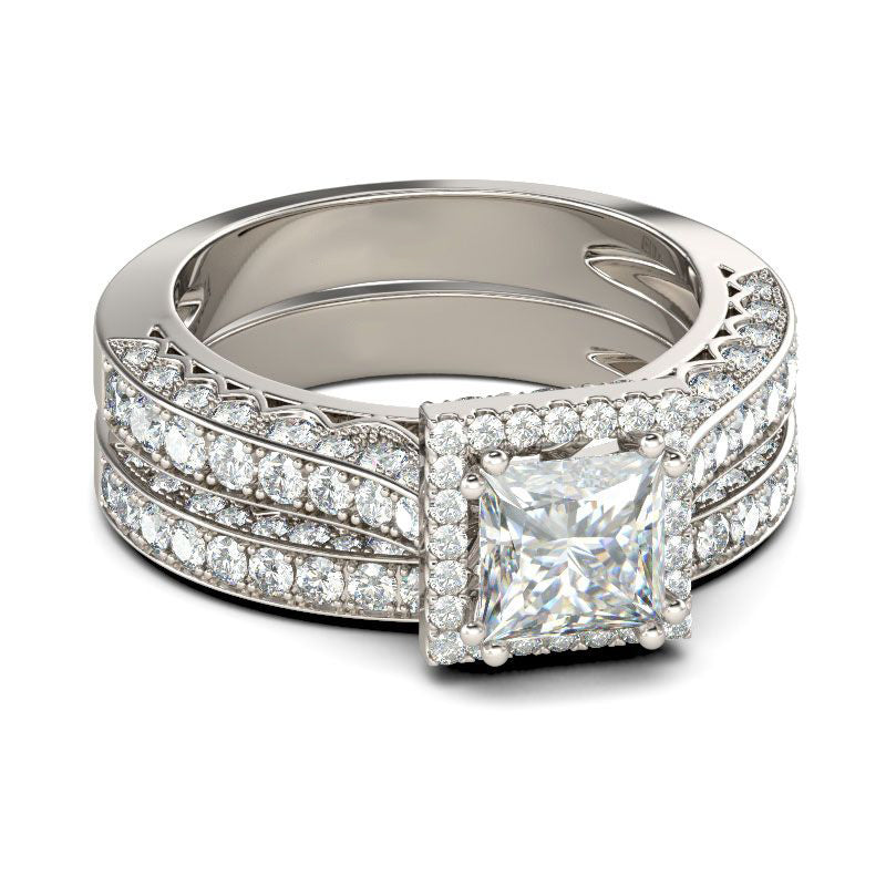 Halo Princess Cut Sterling Silver Ring Set-JE-Juri Elle