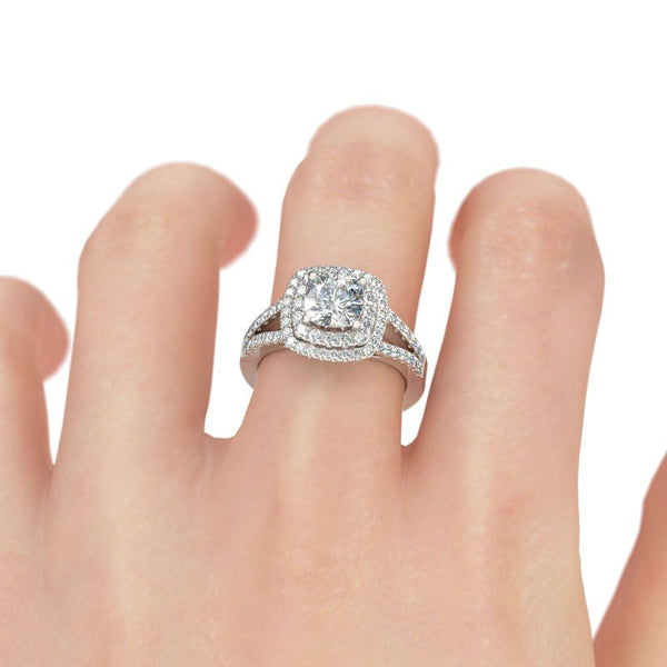Halo Split Shank Cushion Cut Sterling Silver Engagement Ring-JE-Juri Elle