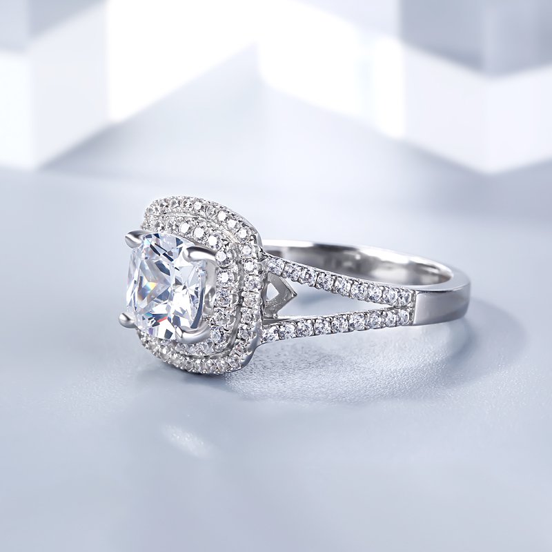 Halo Split Shank Cushion Cut Sterling Silver Engagement Ring-JE-Juri Elle