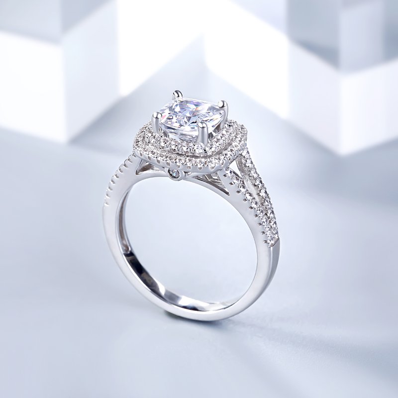 Halo Split Shank Cushion Cut Sterling Silver Engagement Ring-JE-Juri Elle