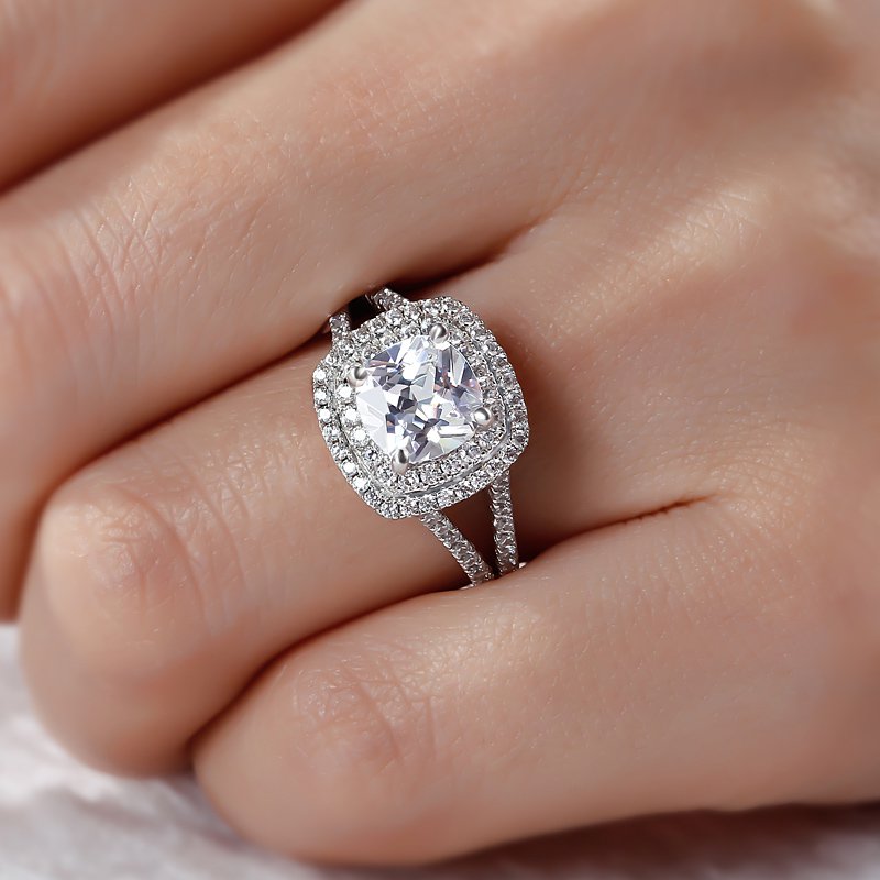 Halo Split Shank Cushion Cut Sterling Silver Engagement Ring-JE-Juri Elle