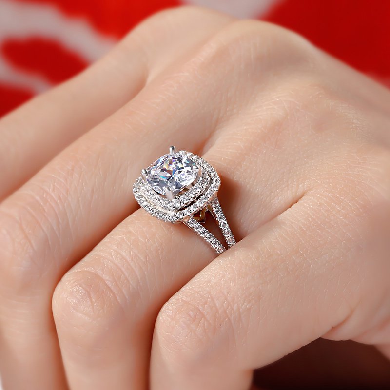 Halo Split Shank Cushion Cut Sterling Silver Engagement Ring-JE-Juri Elle