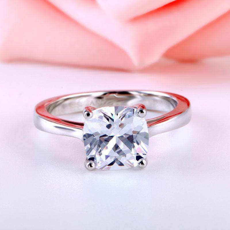 Classic Solitaire Cushion Cut Sterling Silver Engagement Ring-JE-Juri Elle