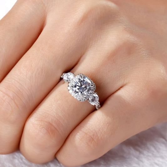 Three Stone Halo Round Cut Sterling Silver Ring-JE-Juri Elle