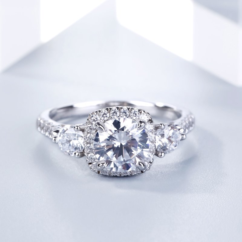 Three Stone Halo Round Cut Sterling Silver Ring-JE-Juri Elle