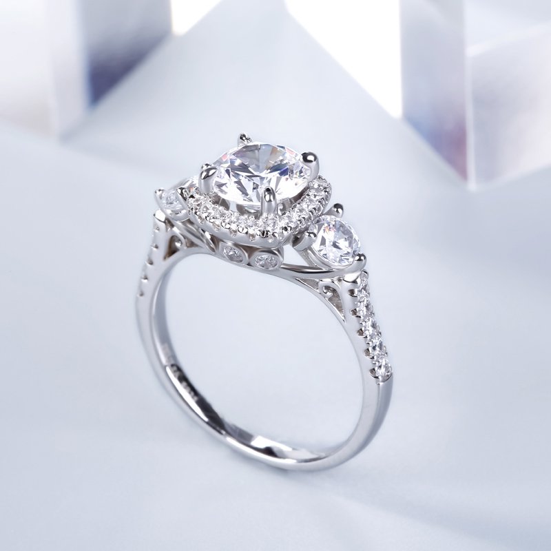 Three Stone Halo Round Cut Sterling Silver Ring-JE-Juri Elle