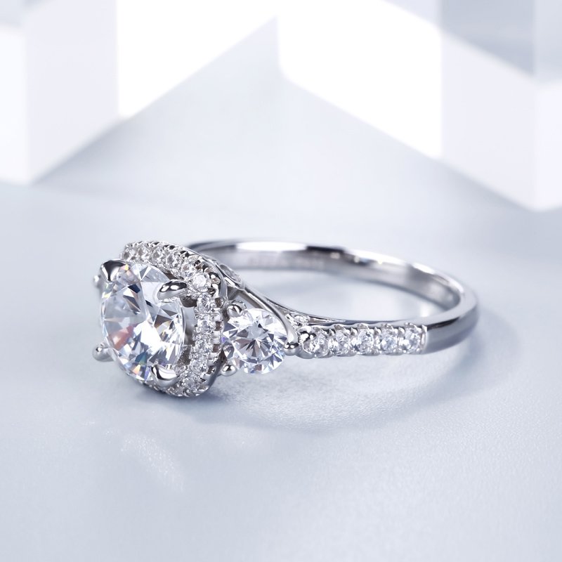 Three Stone Halo Round Cut Sterling Silver Ring-JE-Juri Elle