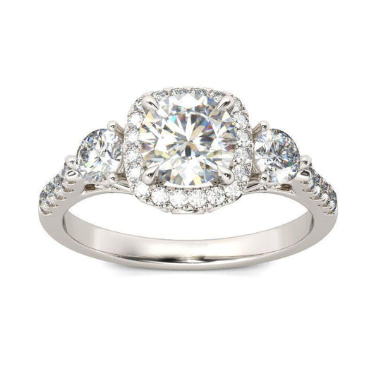 Three Stone Halo Round Cut Sterling Silver Ring-JE-Juri Elle