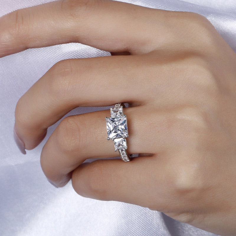 Simple Three Stone Princess Cut Sterling Silver Ring-JE-Juri Elle