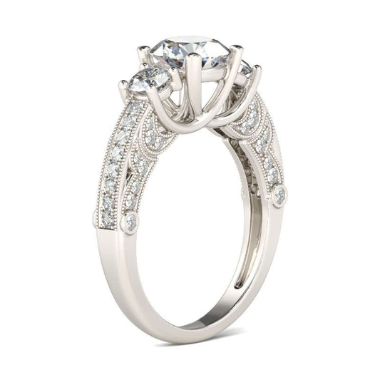 Milgrain Three Stone Round Cut Sterling Silver Ring-JE-Juri Elle