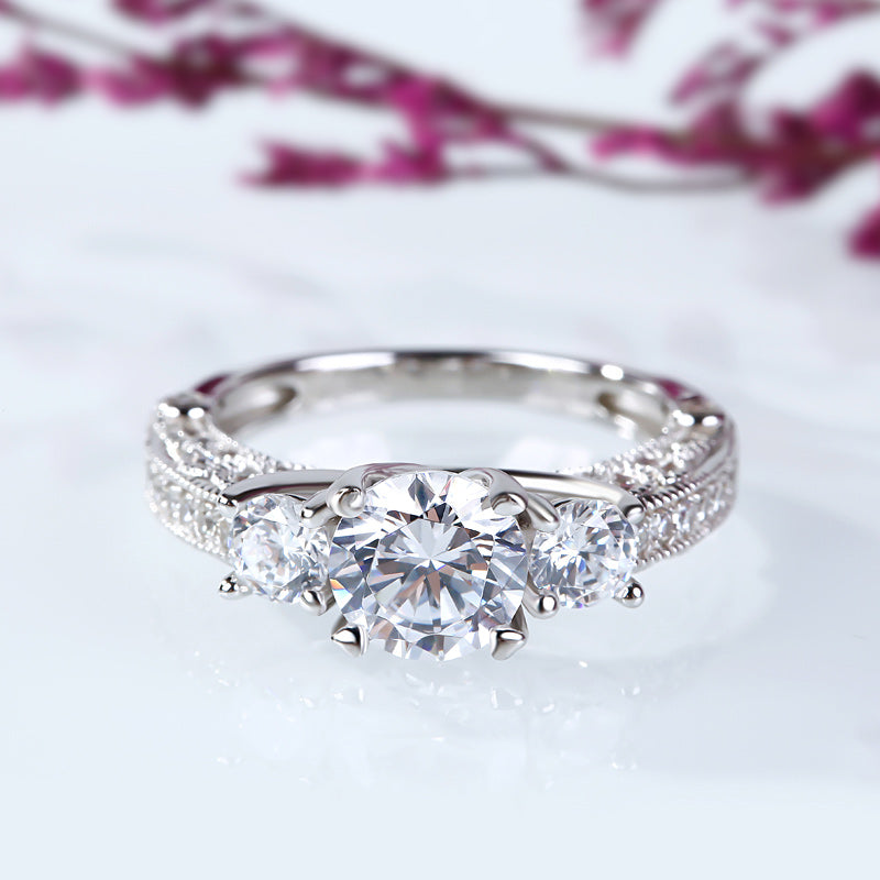 Milgrain Three Stone Round Cut Sterling Silver Ring-JE-Juri Elle