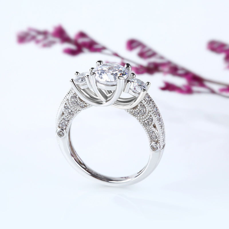 Milgrain Three Stone Round Cut Sterling Silver Ring-JE-Juri Elle