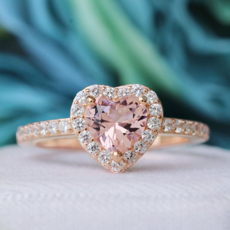 Halo Heart Cut Synthetic Morganite Sterling Silver Ring-JE-Juri Elle