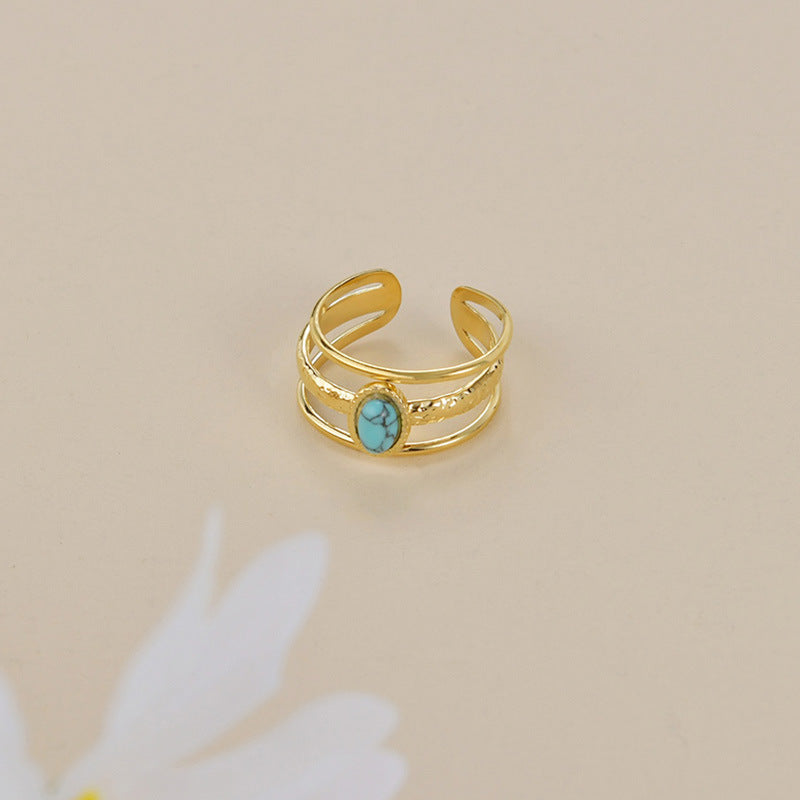 Three-Line Blue Stone Stainless Steel Open Ring