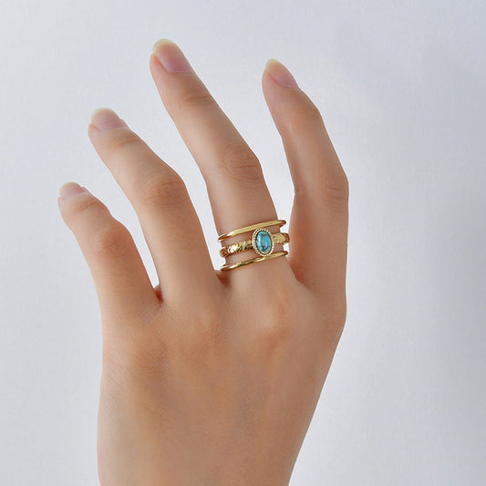 Three-Line Blue Stone Stainless Steel Open Ring