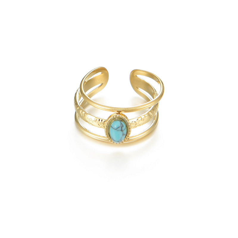 Three-Line Blue Stone Stainless Steel Open Ring
