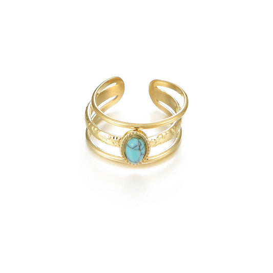 Three-Line Blue Stone Stainless Steel Open Ring