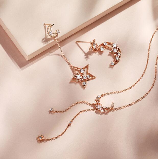 Star & Moon Love Round Cut Plated 14K Rose Gold Necklace