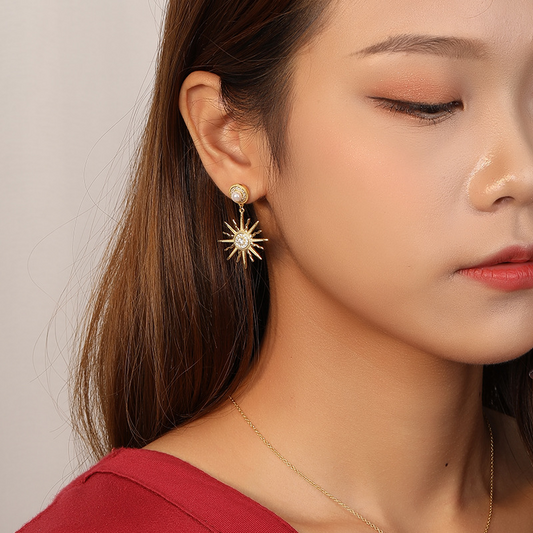 Golden Sun Flower Round Cut Sterling Silver Plated Gold Stud Earring