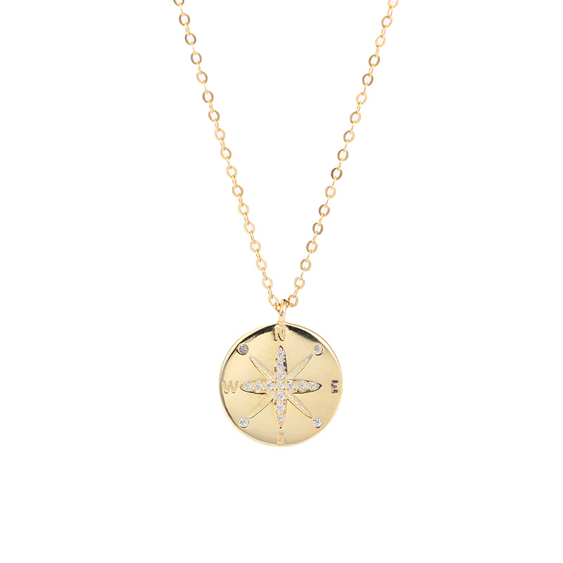 Compass Round Cut Sterling Silver Plated Gold Necklace