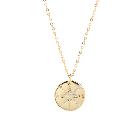 Compass Round Cut Sterling Silver Plated Gold Necklace