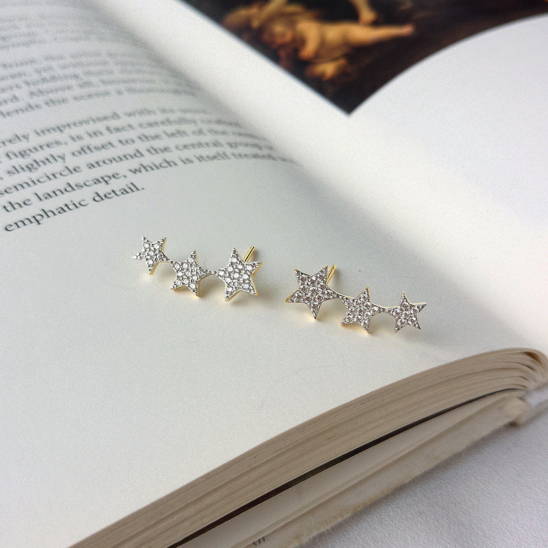 Multiple Stars Round Cut Sterling Silver Plated Gold Stud Earring