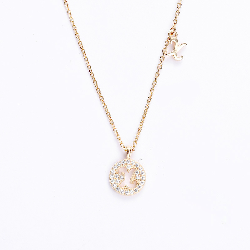Hollow Letter Round Cut Sterling Silver Plated Champagne Gold Necklace