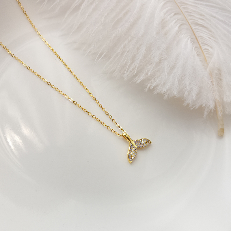 Dolphin Fishtail Round Cut Sterling Silver Plated Gold Necklace
