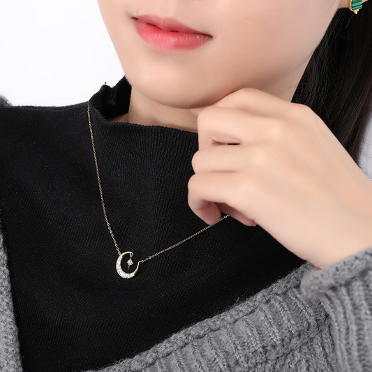 Bright Moon Round Cut Sterling Silver Plated Gold Necklace