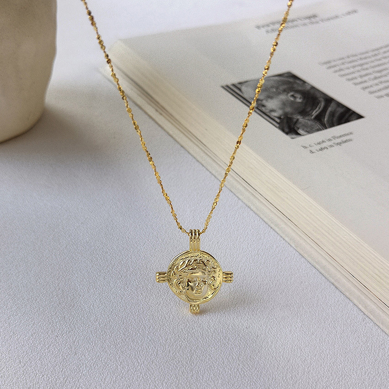 Golden Round Portrait Sterling Silver Plated Gold Necklace
