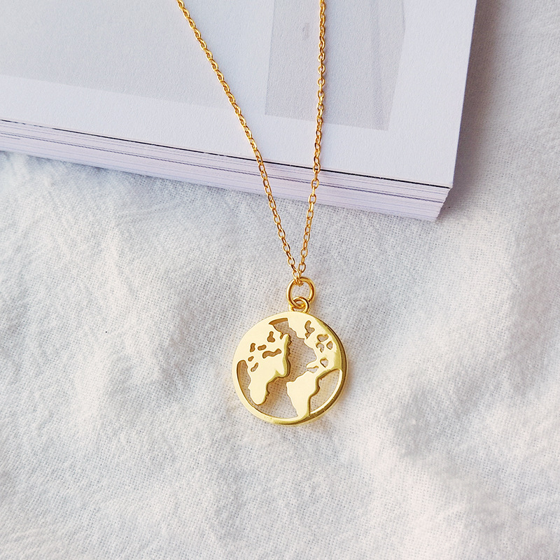 World Map Sterling Silver Plated 14K Gold Necklace
