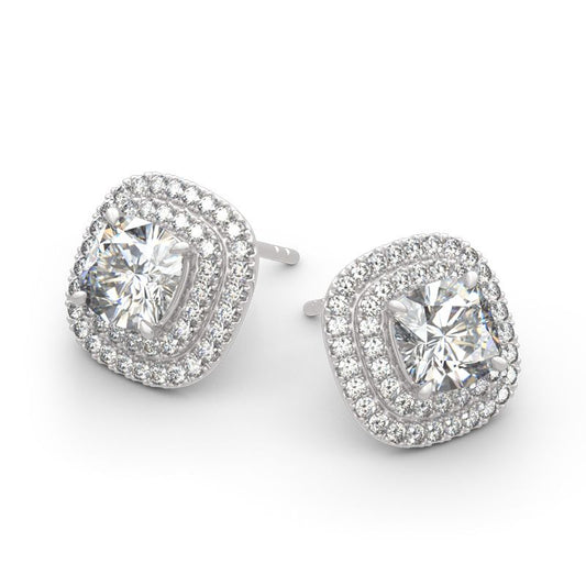 Double Halo Cushion Cut Sterling Silver Stud Earrings-JE-Juri Elle