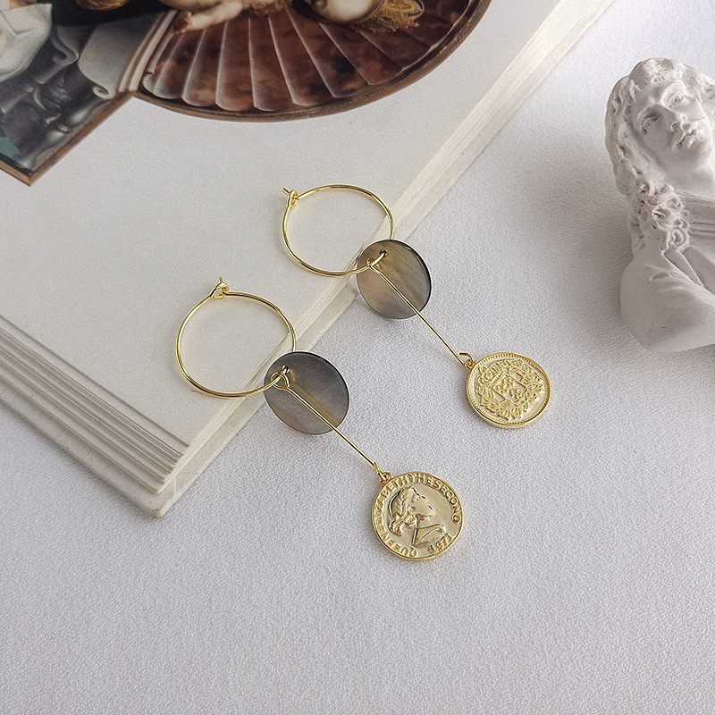 Multi-circle Portrait Coin Sterling Silver Plated Gold Stud Earring