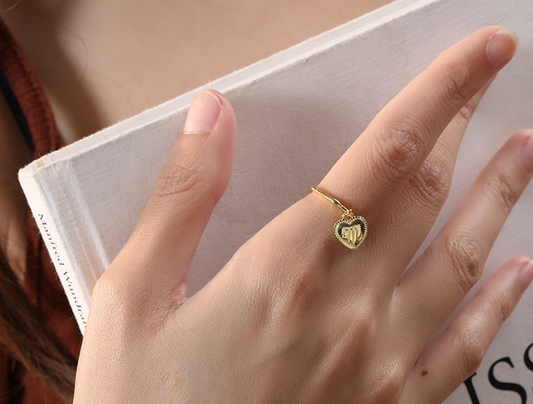Letter M Heart Sterling Silver Plated Gold Ring