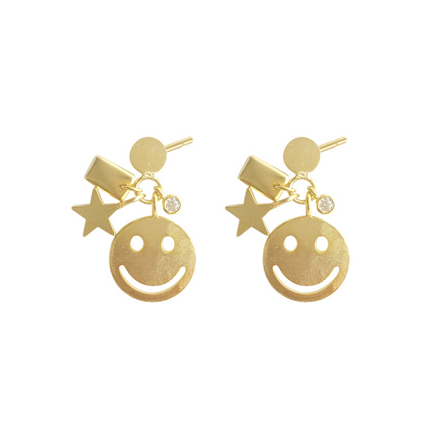 Boucles d'oreilles en argent sterling plaqué or avec visage souriant de dessin animé