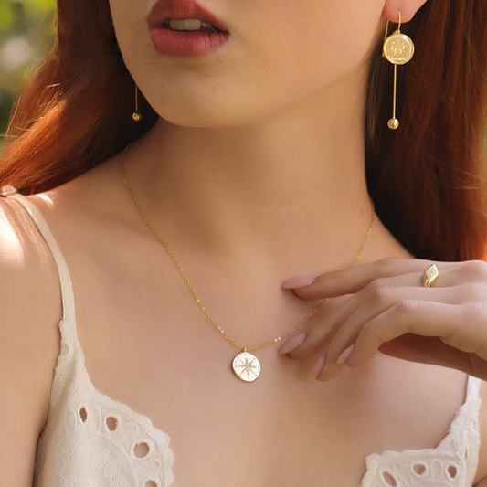 Compass Round Cut Sterling Silver Plated Gold Necklace