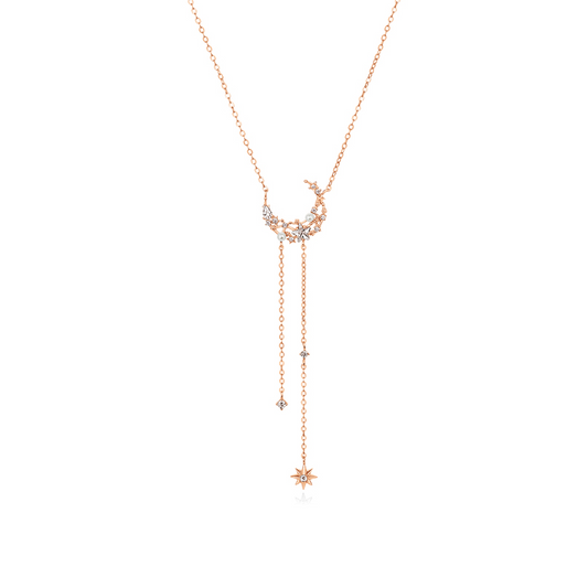Star & Moon Love Round Cut Plated 14K Rose Gold Necklace