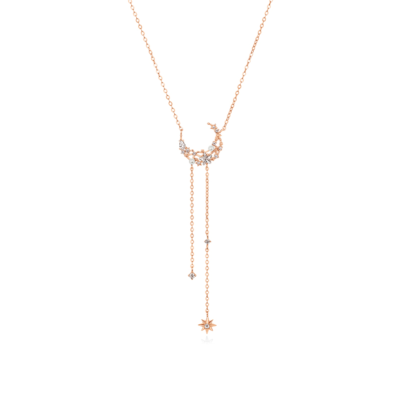Star & Moon Love Round Cut Plated 14K Rose Gold Necklace